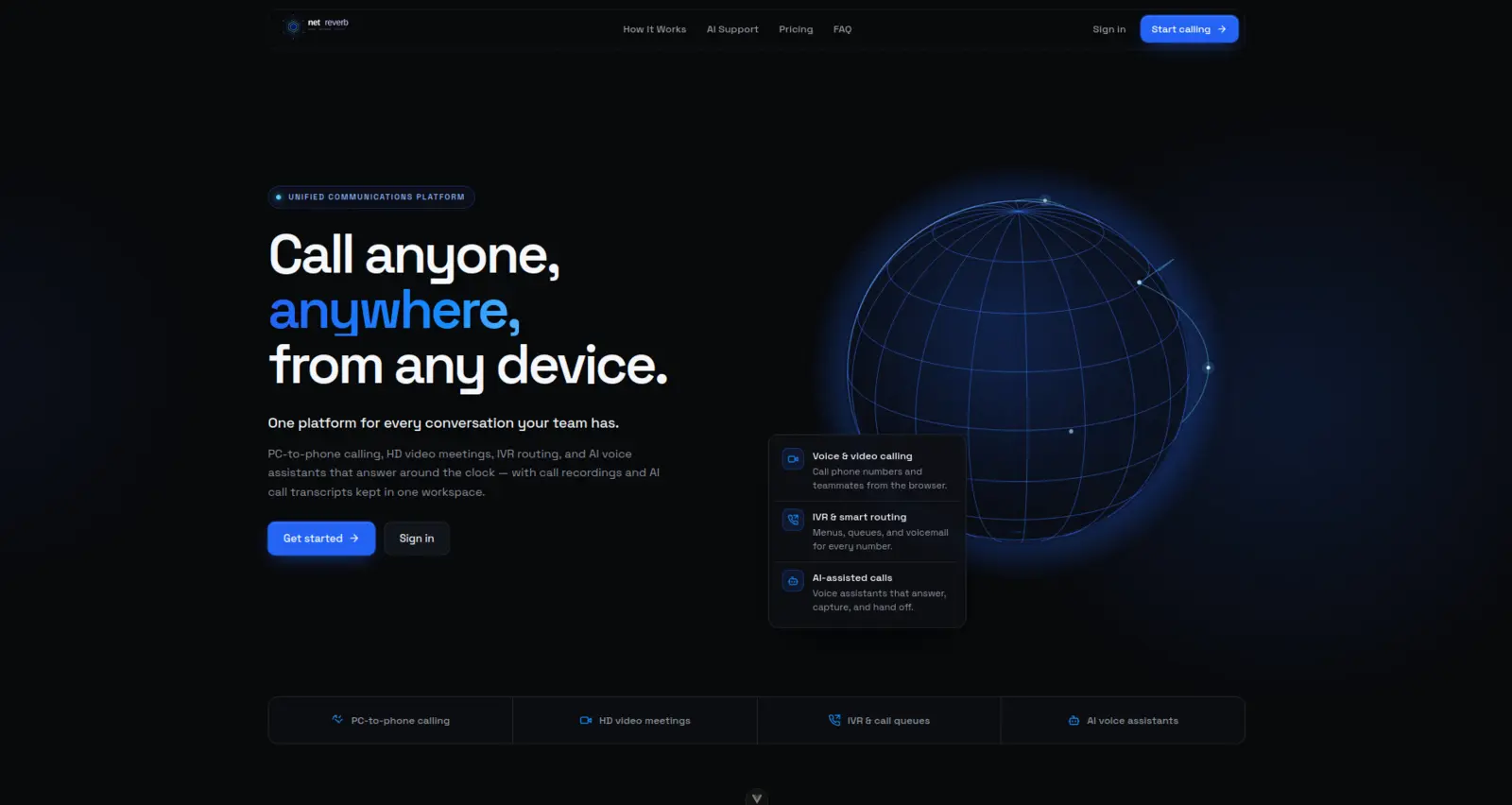 NetReverb landing page: call anyone, anywhere, from any device